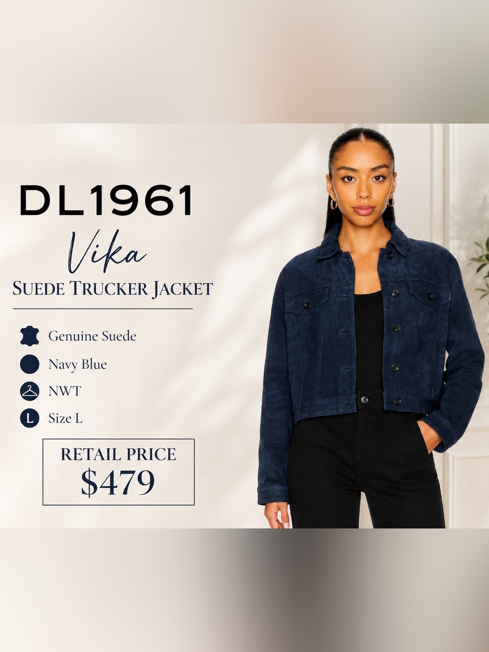 DL1961 Vika Navy Blue Genuine
Suede Trucker Jacket NWT Size L